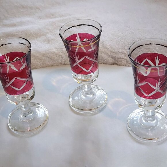Cristallerie Artistiche Ruby Red Flashed Cordial Shot Glasses 6pc Set Italy 60s - Picture 7 of 8